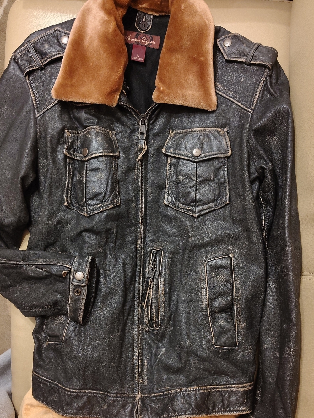 MEN'S MOTORCYCLE FAUX DISTRESSED LEATHER JACKET L